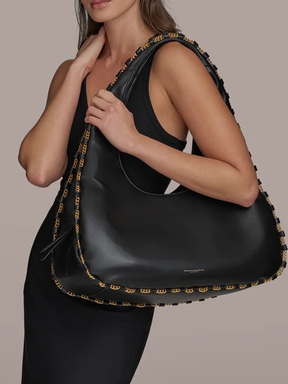 NWT Donna Karan batiste triple compartment black leather shoulder bag